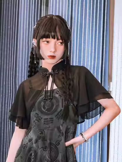 Black Banded Collar Double-layered Flounce Sleeves Cheongsam Style Cropped Top