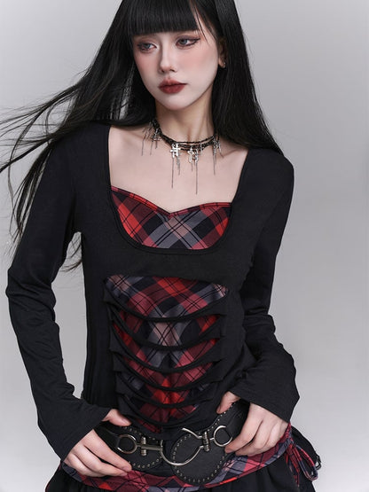 Sweetheart Neckline Distressed Holes Faux Two-pieces Red Plaid Top