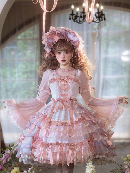 Purple and Pink Bow Accents Tiered Skirt Hanayome Hime Lolita Jumper Skirt