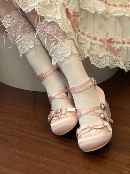 Sweet Lolita Satin Pink Wedge Heels - Bow Accents with Lace Trim & Crisscross Straps