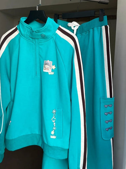 Blue Cargo Pockets Sporty Sweatpants with Side Striped Details