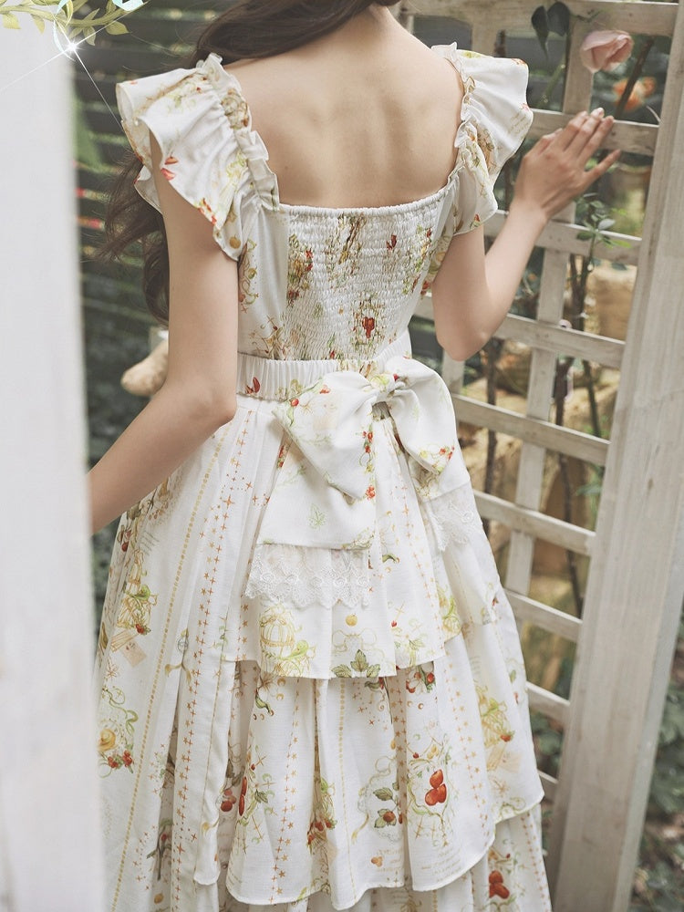 Hawthorn and Bird Print White Square Neckline Elegant Classic Lolita Dress with Waist Belt