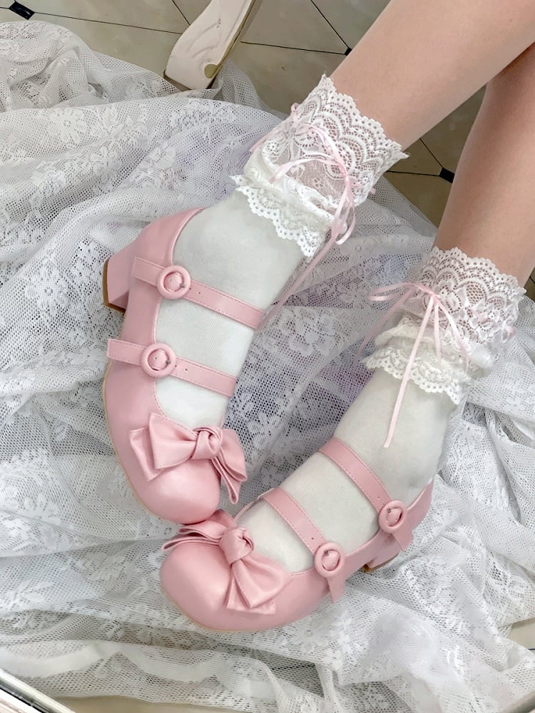 Bow Accents Sweet Pink Buckle Straps Shoes Princess Low Heels