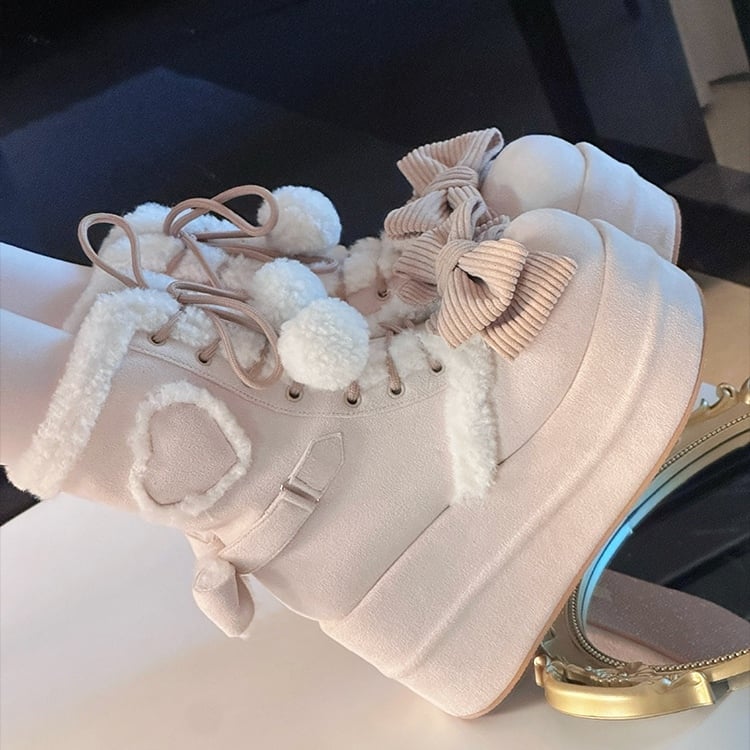 Sweet Apricot Winter Boots for Lolita - 6cm/8.5cm Platform Sole with Heart Applique & Pompom Charm Tie Decor