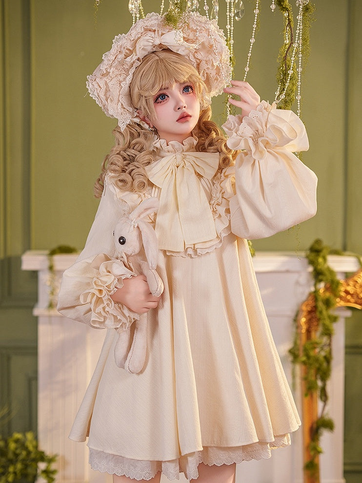 Beige Big Bow Ruffled High Neck Sweet Lolita Long Sleeves Cotton Dress