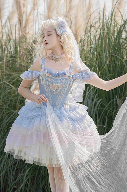 Blue Princess Lolita Corset Dress Floral Embroidery Jumper Skirt