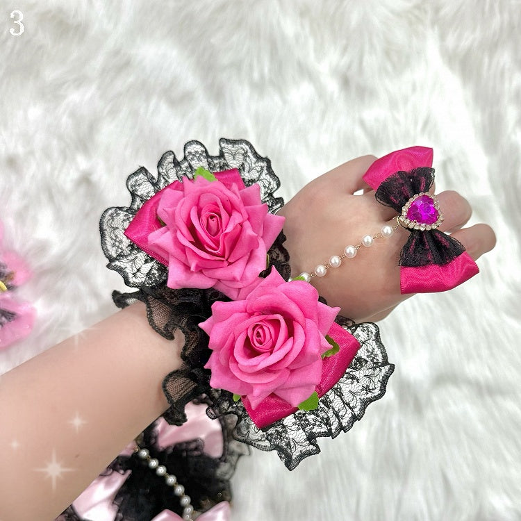 4 Options Floral Design Lace Trim Bracelet With Rhinestone Heart Decorated Bowknot Ring