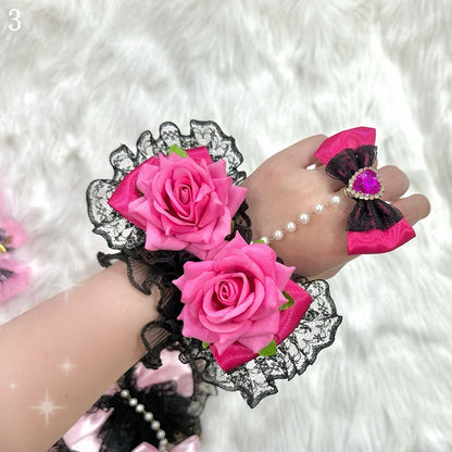 4 Options Floral Design Lace Trim Bracelet With Rhinestone Heart Decorated Bowknot Ring