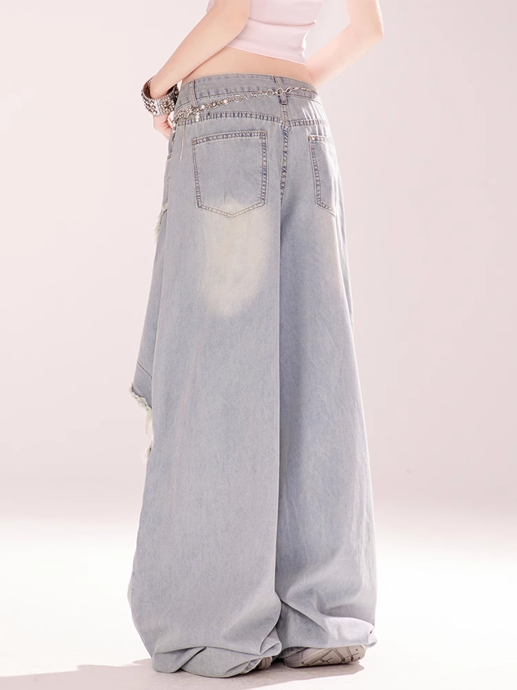 Blue Low Rise Distressed Hole Raw Hem Vintage Wide-leg Jeans