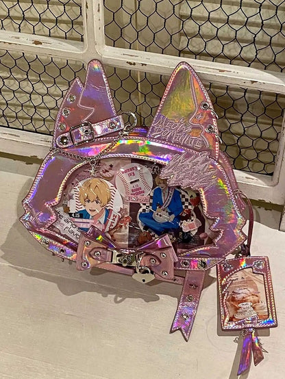 Kitty Ear Design Bowknot Studs Detail Pink PU Tote Ita Bag with Free Card Holder