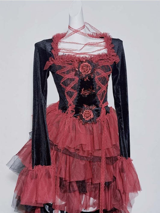 Gothic Black and Red Lace Square Neck Rosette Top