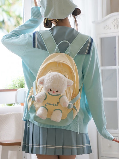 Yellow And Green Plush Backpack With A Detachable Lamb Plushie