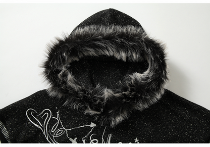 Gray&White/Black&White Plush Trim Striped Sleeves Hoodie