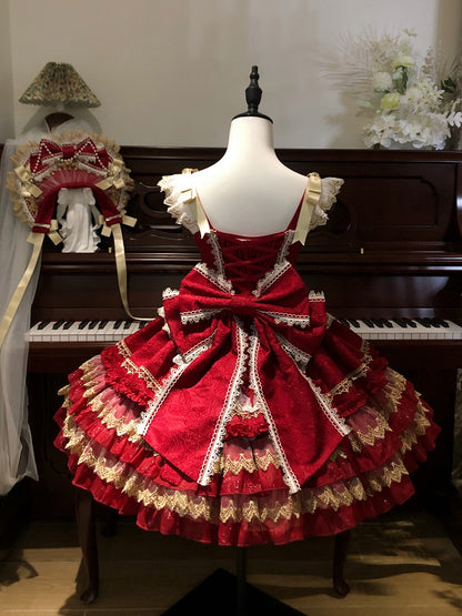 Red Bead Chain Bows Decorated Tiered Skirt Princess Lolita Dress