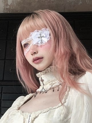 Beige Lace Ruffled Choker with Chain Cross Design