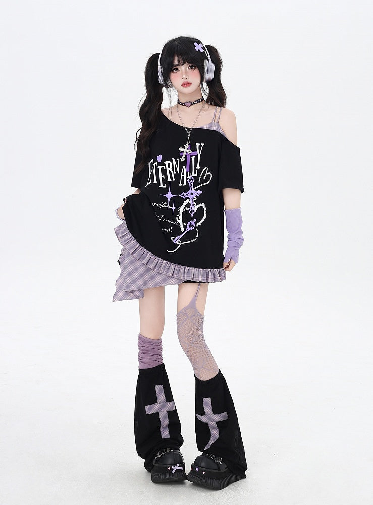 Asymmetrical Red/Purple Plaid Hem Black Punk Rock Graphic T-Shirt