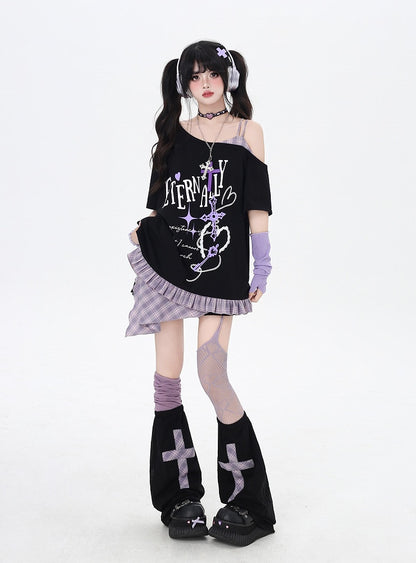 Asymmetrical Red/Purple Plaid Hem Black Punk Rock Graphic T-Shirt