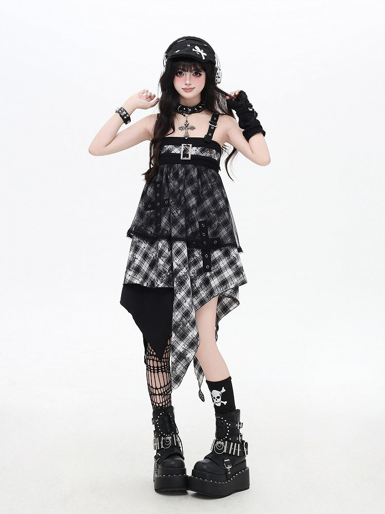 Black and White Plaid Handkerchief Hem Sleeveless Dress With Overlay Two Ways Wear