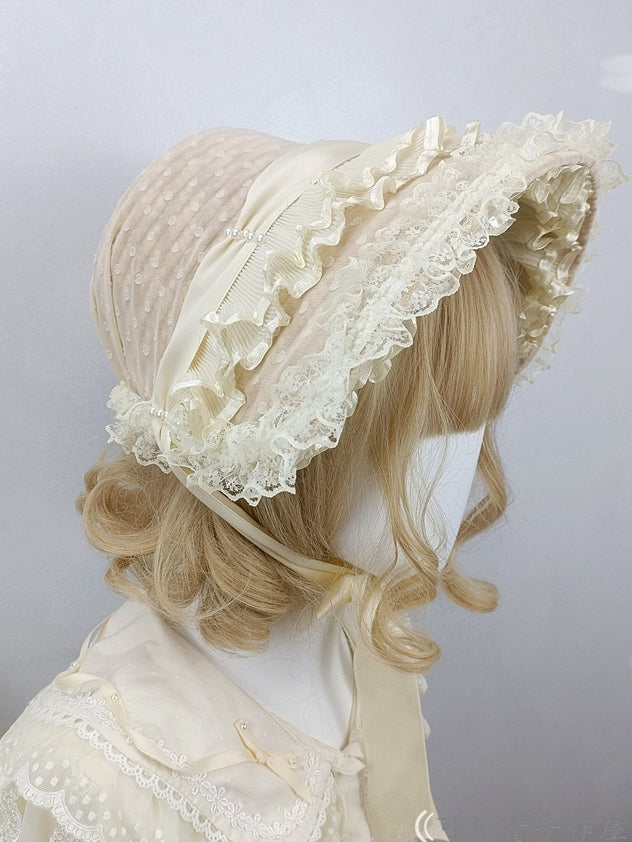 Polka-dot Pattern Beige Lace Trim Bonnet / Tote Bag