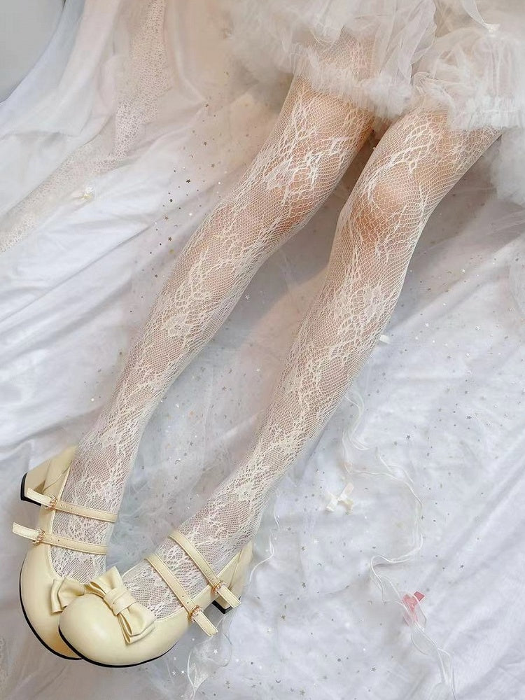 White/Creamy Yellow/Black Floral Fishnet Tights