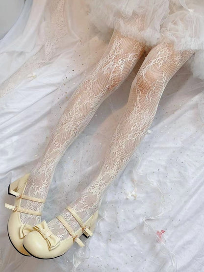 White/Creamy Yellow/Black Floral Fishnet Tights