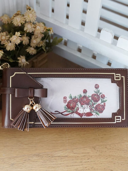 Brown PU Floral Pattern Cheongsam Style Ita Bag With Bow & Fringe Accent