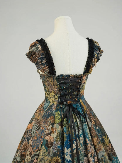 Green & Blue Floral Print Elegant Classic Lolita Dress with Lily Embroidery on the Chest