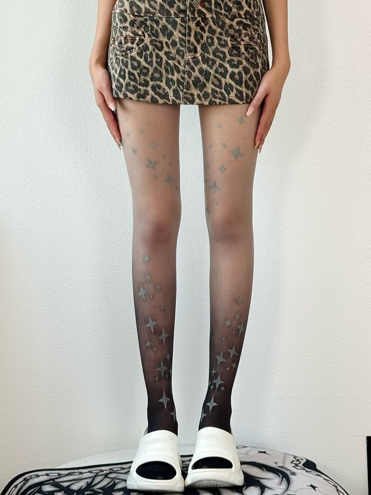 Black&Gray/Blue/Pink Ombre Color Y2K Star Pattern Tights