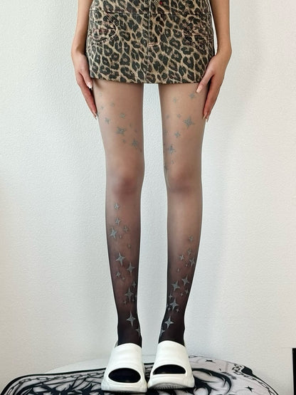 Black&Gray/Blue/Pink Ombre Color Y2K Star Pattern Tights