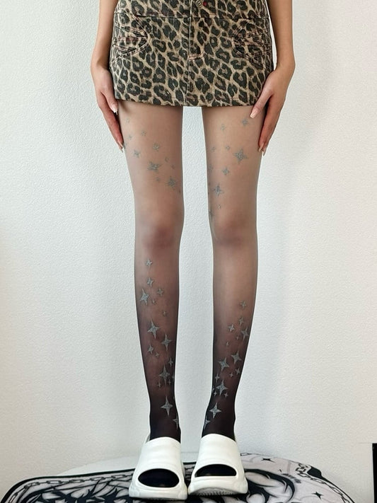 Black&Gray/Blue/Pink Ombre Color Y2K Star Pattern Tights