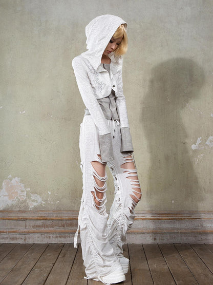 White Punk Y2K Rhinestone Hoodie Jacket with Gray Knit Hem