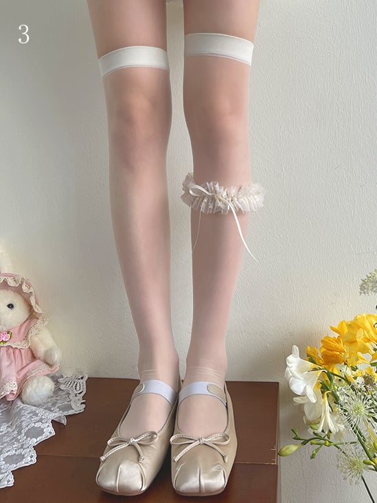 Beige Over-Knee Stockings with Lace Leg Loop