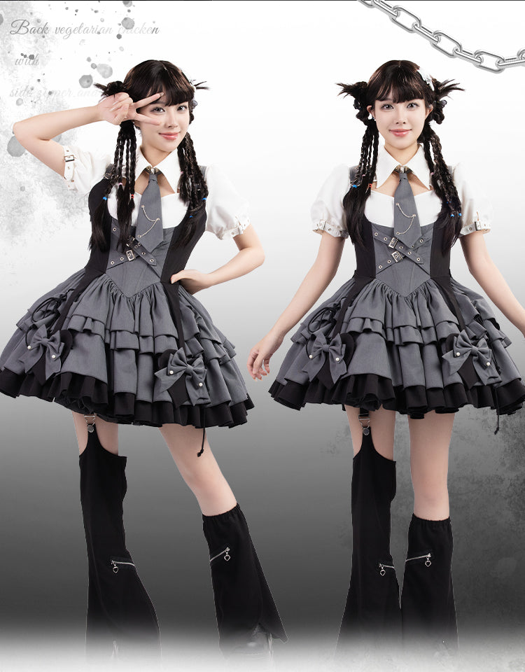 Gray and Black Under Bust Techwear Buckle Strap Lolita Dress