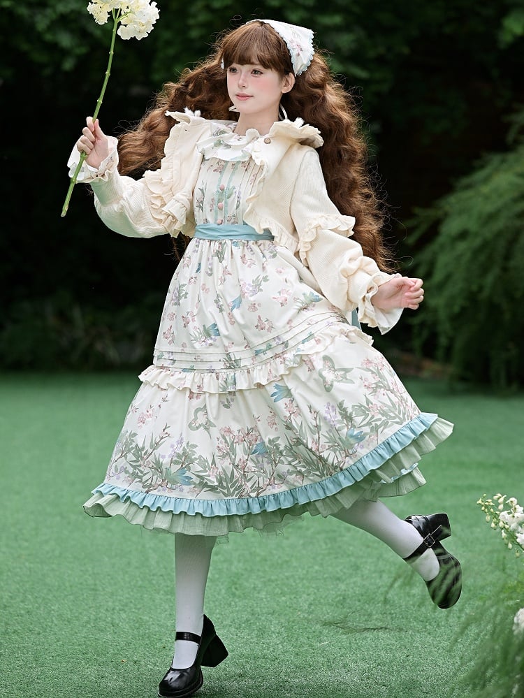 Natural Kei Floral and Bird Print Lolita Jumper Skirt with Waist Belt