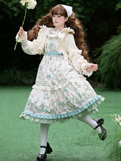 Natural Kei Floral and Bird Print Lolita Jumper Skirt with Waist Belt