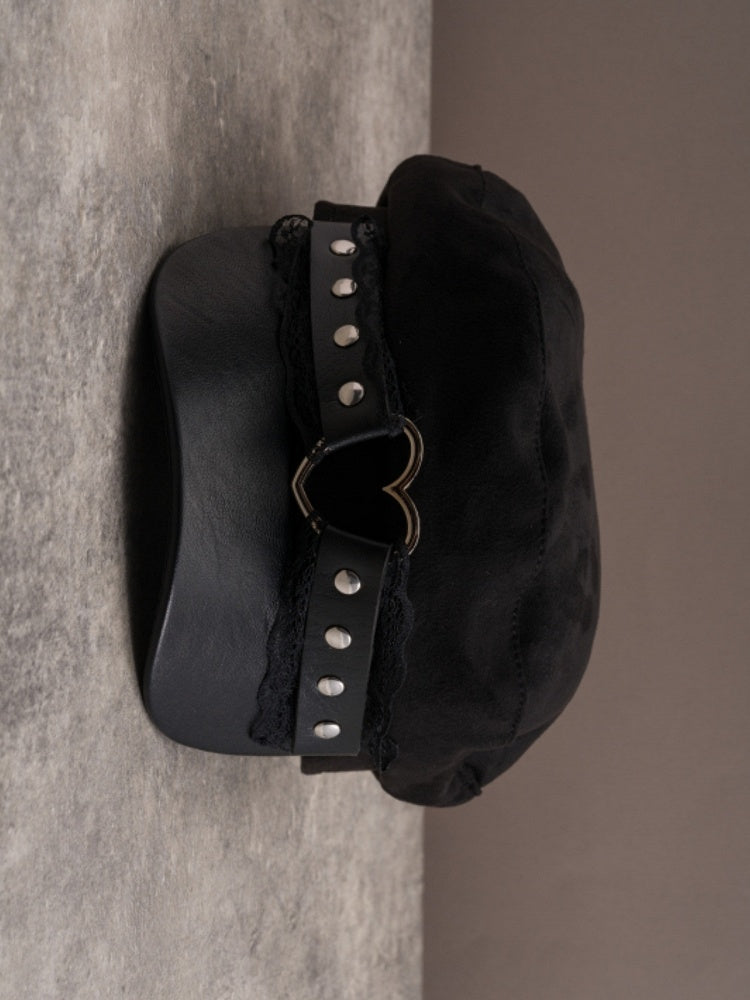 Black Gothic Heart Ring Studs Details Lace Trim Beret Hat