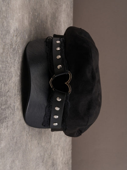 Black Gothic Heart Ring Studs Details Lace Trim Beret Hat