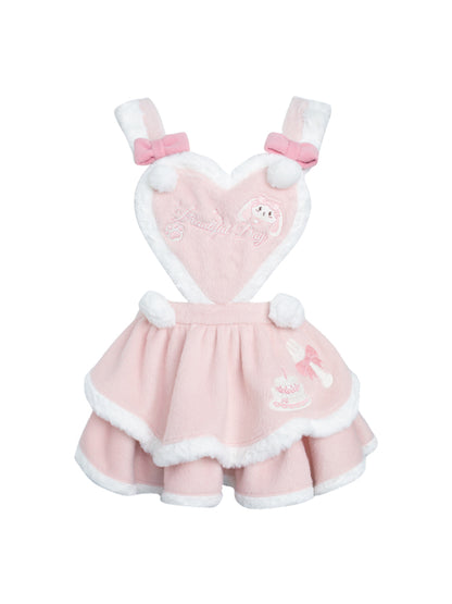 Fluffy Pink Overall Tiered Skirt with Embroidered Sweet Bunny and Heart Front Panel