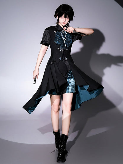 Clearance-Size L for Waist 84CM Black Bat Wings Shape Collar Ouji Lolita Blue Lining Long Waistcoat