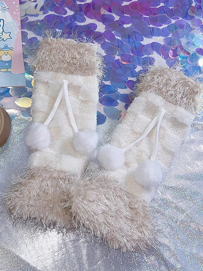 Beige Y2K Style Pompon Charms Plush Leg Warmers