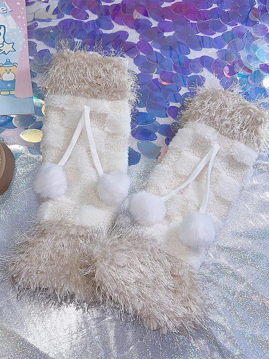 Beige Y2K Style Pompon Charms Plush Leg Warmers