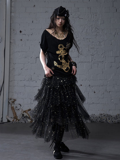 Black/White/Apricot Elastic Waist Sequin Details Tiered Mesh Skirt