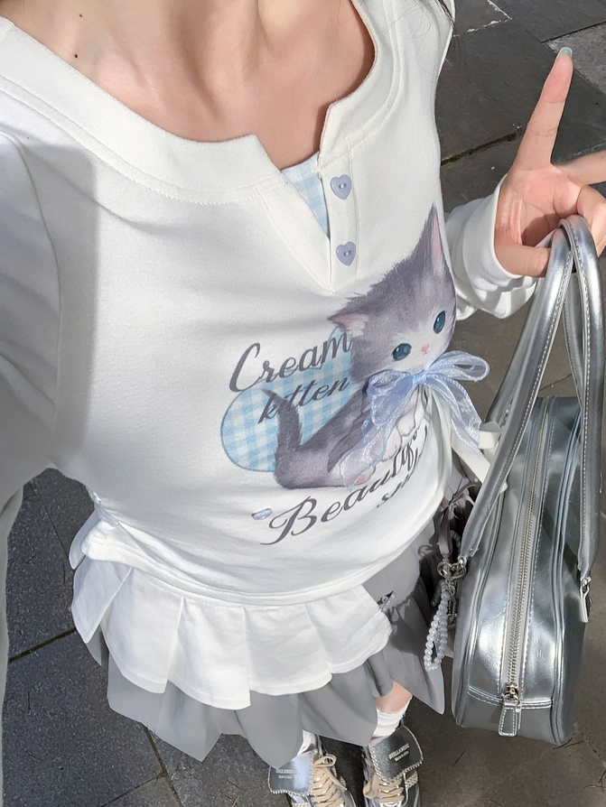 Adorable Cartoon Kitty Print Sweetheart Button Details White Faux Two-pieces Top