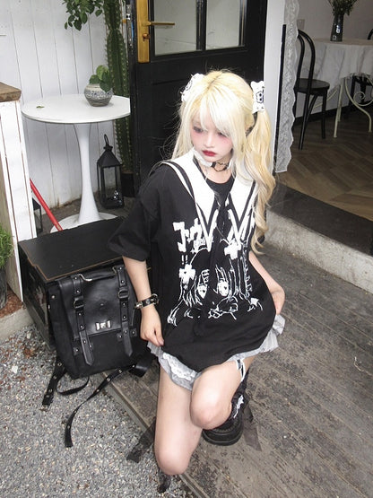 Black Jira Kei T-Shirt with Detachable Sailor Collar and Manga Girl Print
