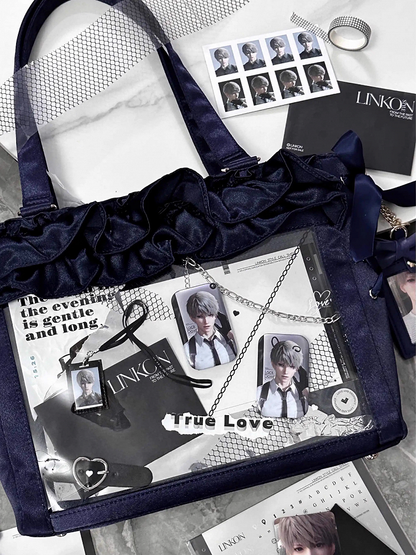 Dark Blue Satin Ruffle Trims Self-tie Straps Ita Bag With Bow Card Holder