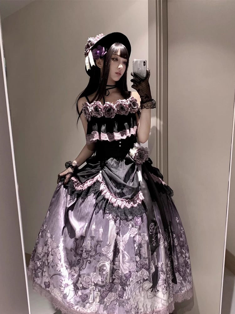 Black Ruffled Elegant Classic Lolita Cami Top with Purple Flowers Accents