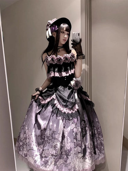 Black Ruffled Elegant Classic Lolita Cami Top with Purple Flowers Accents