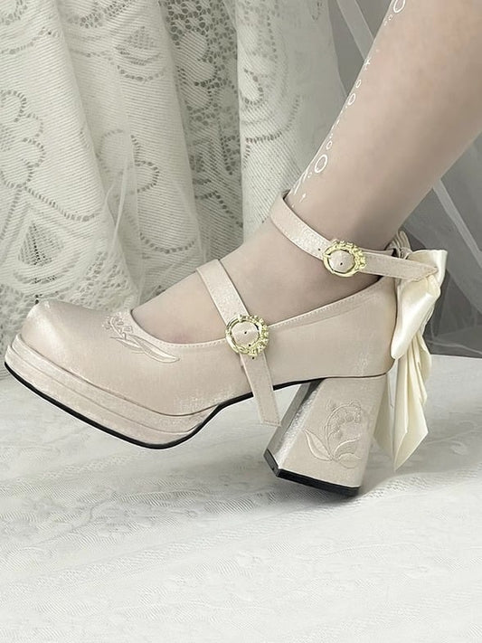 Champagne Detachable Bowknot Lily of the Valley Embroidery Middle Heels Mary Janes