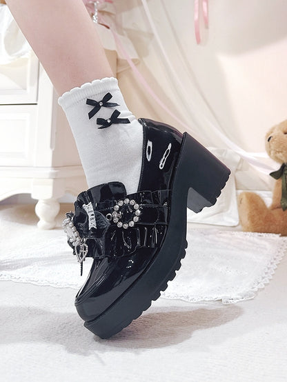 Polished Black Jirai Kei 7.5cm Loafers - Rhinestone And Beads Decor Detachable Bow with Ruffle Trim & Slip-On Design