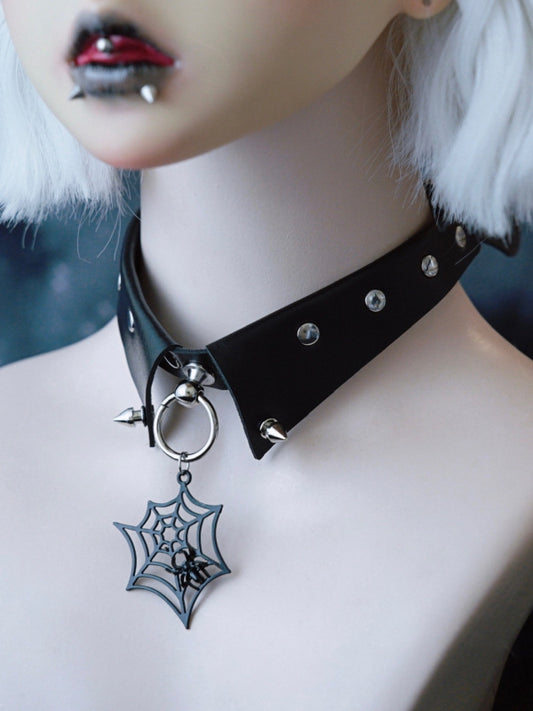 Black Gothic Spiderweb Pendant Studs Design Buckle Choker